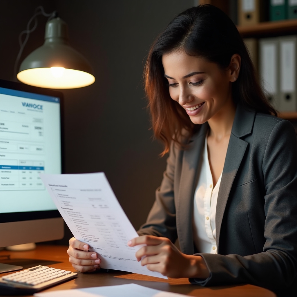 Persona revisando una factura electrónica generada automáticamente en una pantalla de escritorio