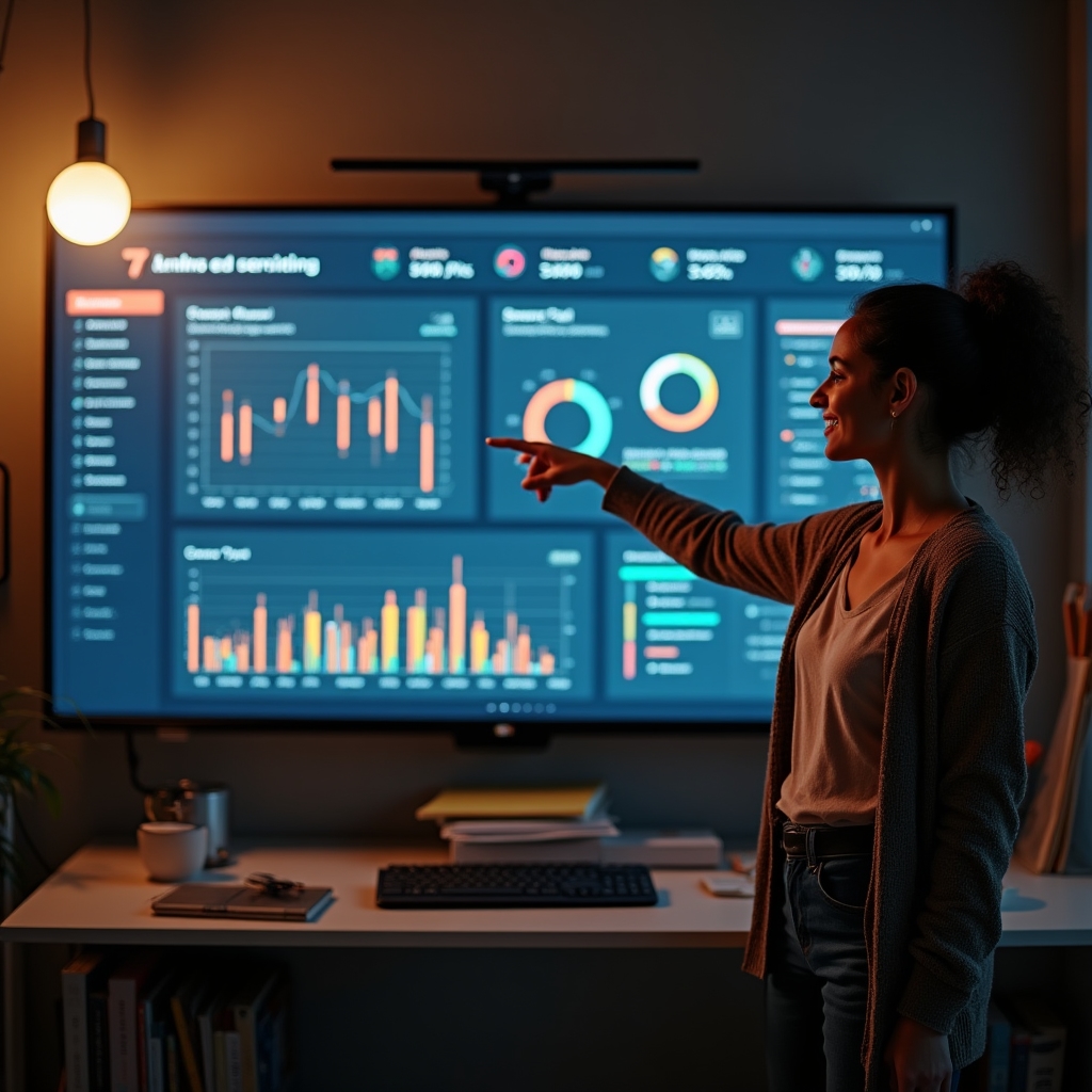 Tablero de control en Google Sheets mostrado en una pantalla grande dentro de una oficina pequeña