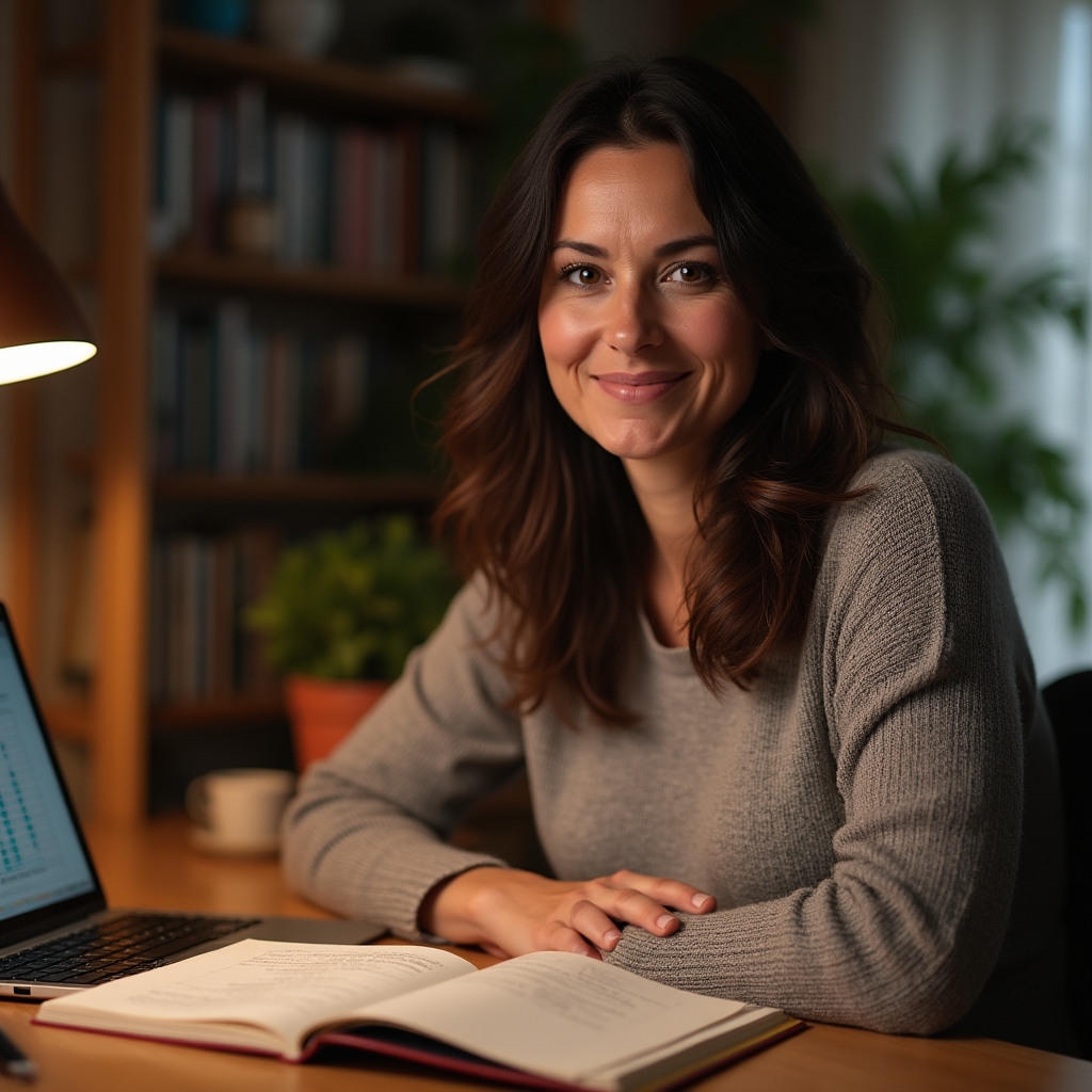 Retrato de la persona a cargo del portal, sentada en un escritorio con documentos y una notebook abierta