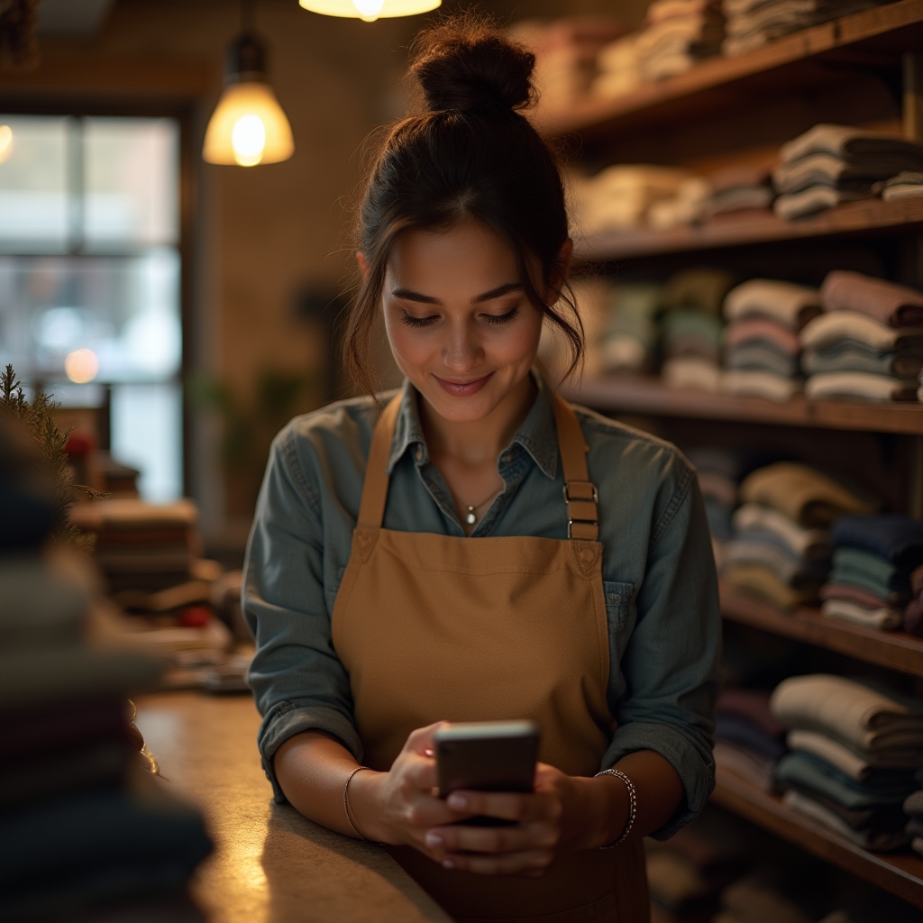 Dueña de un comercio revisando en su celular el estado de stock de su tienda de MercadoLibre